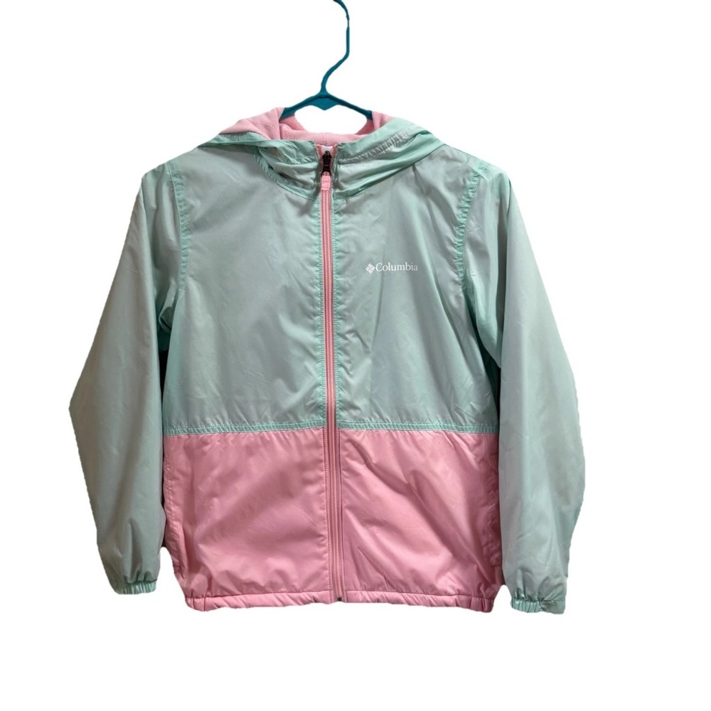 Girls Columbia Fleece Lined Hooded Windbreaker Jacket Sz 10-12 Pink Green Spring